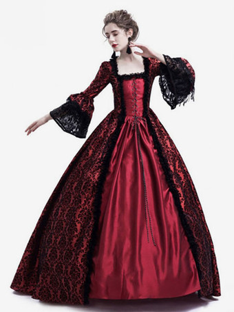 中世 ドレス 女性用 プリンセス 貴族ドレス バーガンディー 長袖 バロック風 パーティー レトロ ヨーロッパ 宮廷風 中世 ドレス・貴族ドレス
