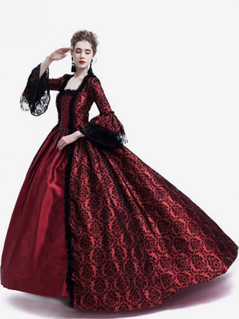 中世 ドレス 女性用 プリンセス 貴族ドレス バーガンディー 長袖 バロック風 パーティー レトロ ヨーロッパ 宮廷風 中世 ドレス・貴族ドレス
