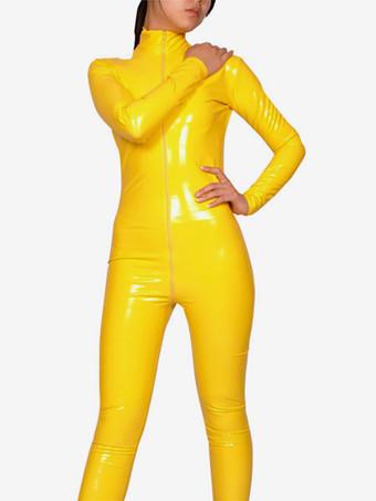 Yellow Long Sleeves PVC Shiny Metallic Fabric Catsuit Front Zipper Unisex  Body Suit - Milanoo.com