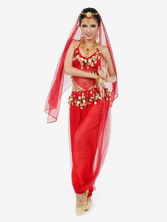 レッド ベリーダンス衣装　コスチューム　ブルー アラビアン 衣装　シフォン　ボリウッド　ダンスドレス　ベール付き　女性用　ハロウィン　2025