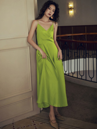 グリーン Vネックロングドレスノースリーブバックレスボウビーチドレス