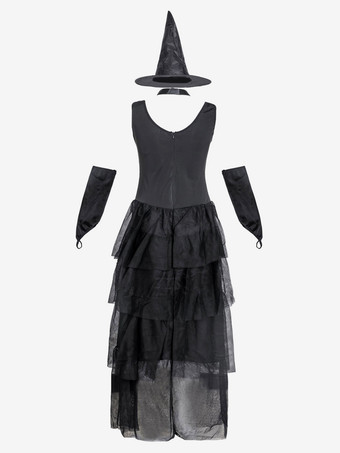 ハロウィン 女性のためのハロウィン魔女コスチュームブラックポリエステル怖いロングドレス帽子ホリデーコスチュームフルセット、