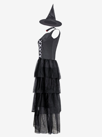 ハロウィン 女性のためのハロウィン魔女コスチュームブラックポリエステル怖いロングドレス帽子ホリデーコスチュームフルセット、