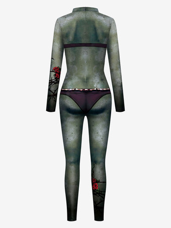 モンスター全身タイツ ハロウィン 女性のためのハロウィーンジャンプスーツダークグリーンレオタールプリントパターンスケルトン怖いライクラスパンデックスキャットスーツZentai
