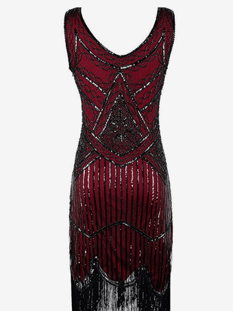 ダークレッドフラッパードレス　2026　グレート・ギャツビー　1920s　タッセル　スリーブレス　チャールストンドレスハロウィン　レディースヴィンテージコスチューム