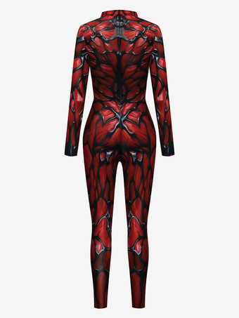 モンスター全身タイツ ハロウィン 女性のためのハロウィーンジャンプスーツダークグリーンレオタールプリントパターンスケルトン怖いライクラスパンデックスキャットスーツZentai