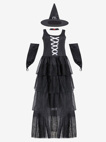 ハロウィン 女性のためのハロウィン魔女コスチュームブラックポリエステル怖いロングドレス帽子ホリデーコスチュームフルセット、