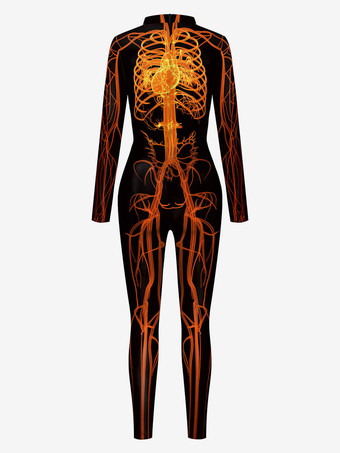 モンスター全身タイツ ハロウィン 女性のためのハロウィーンジャンプスーツダークグリーンレオタールプリントパターンスケルトン怖いライクラスパンデックスキャットスーツZentai