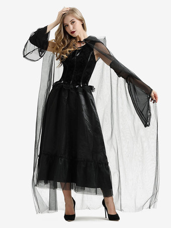 ハロウィン 女性のためのハロウィン魔女コスチュームブラックロングチュールドレスマントポリエステルホリデーコスチュームフルセット