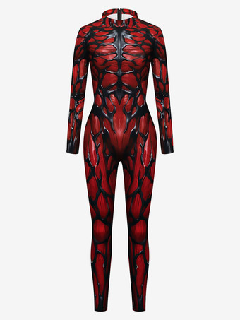 ダークレッドモンスター全身タイツ ハロウィン 女性のためのハロウィーンジャンプスーツダークグリーンレオタールプリントパターンスケルトン怖いライクラスパンデックスキャットスーツZentai