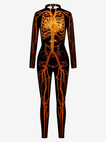 オレンジモンスター全身タイツ ハロウィン 女性のためのハロウィーンジャンプスーツダークグリーンレオタールプリントパターンスケルトン怖いライクラスパンデックスキャットスーツZentai