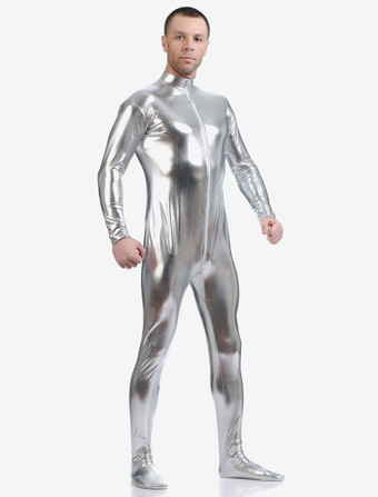 全身タイツ　メタリック　クラシック　シルバー　シャイニーメタリック　ハロウィン　ジッパー　コスチューム　コスプレ