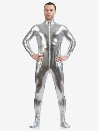 Silver Adults Bodysuit Shiny Metallic Catsuit for Men