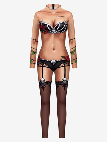 肌色モンスター全身タイツ ハロウィン 女性のためのハロウィーンジャンプスーツダークグリーンレオタールプリントパターンスケルトン怖いライクラスパンデックスキャットスーツZentai