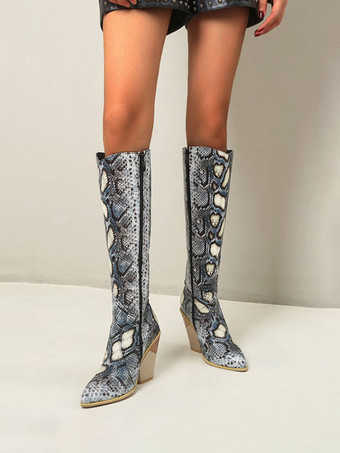 ブルー レディース ウエスタンブーツ スネークスキン ニーハイブーツ ブロックヒール ピンク カウガールブーツ