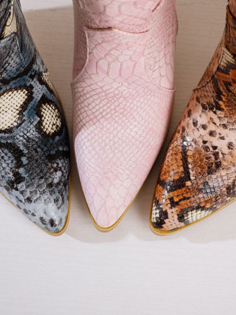 レディース ウエスタンブーツ スネークスキン ニーハイブーツ ブロックヒール ピンク カウガールブーツ