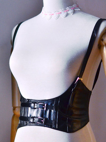 ブラック SteampunkロリータコルセットメタリックバックルPUブラウンロリータビスチェ