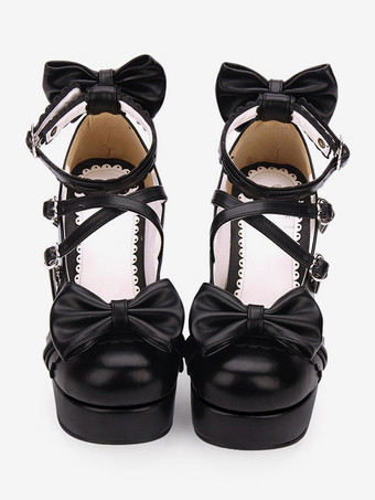 スウィートロリータシューズボウストラッピープラットフォームチャンクヒールPUブルゴーニュロリータシューズ