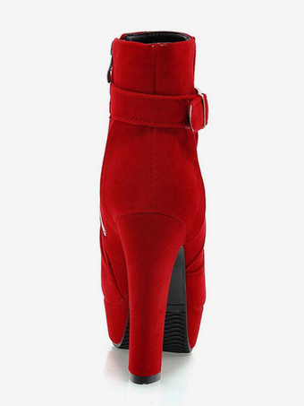 チャンキー ヒール ブーツ ラウンドトゥ プラットフォーム アンクルブーツ スエード レッド