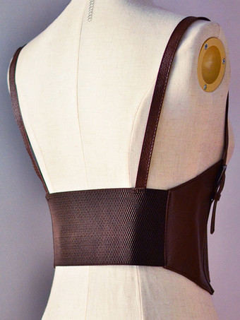 SteampunkロリータコルセットメタリックバックルPUブラウンロリータビスチェ