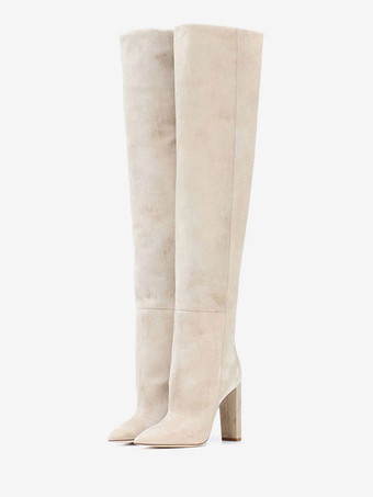 Thigh High Boots Suede Nap Pointed Toe Chunky Heel Over The Knee Boots US5-12.5