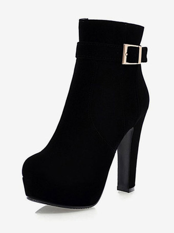 ブラック チャンキー ヒール ブーツ ラウンドトゥ プラットフォーム アンクルブーツ スエード レッド