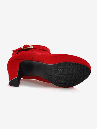 チャンキー ヒール ブーツ ラウンドトゥ プラットフォーム アンクルブーツ スエード レッド