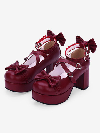 Doce Lolita Sapatos Arco Strappy Plataforma Chunky Heel PU Borgonha Lolita Calçado