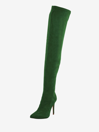 ダークグリーンオーバーニーブーツ ポインテッドトゥ ストレッチブーツ サイハイブーツ ハイヒール レディース