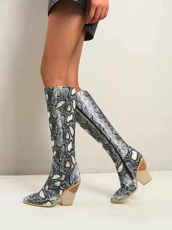 レディース ウエスタンブーツ スネークスキン ニーハイブーツ ブロックヒール ピンク カウガールブーツ