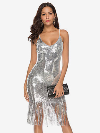 シルバー 1920 年代フラッパードレスレディースフリンジ V ネックグリッターシャンパンタッセル 20 年代パーティードレスレトロドレス