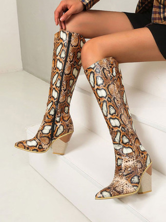 ライトブラウンレディース ウエスタンブーツ スネークスキン ニーハイブーツ ブロックヒール ピンク カウガールブーツ