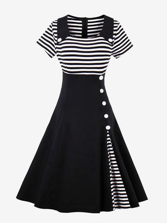 Black Vintage Dress Women Turndown Collar Short Sleeve Striped Single Breasted A Line Dresses