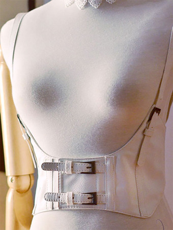 ホワイト SteampunkロリータコルセットメタリックバックルPUブラウンロリータビスチェ