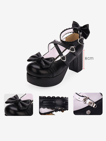 スウィートロリータシューズボウストラッピープラットフォームチャンクヒールPUブルゴーニュロリータシューズ