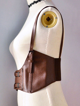 SteampunkロリータコルセットメタリックバックルPUブラウンロリータビスチェ