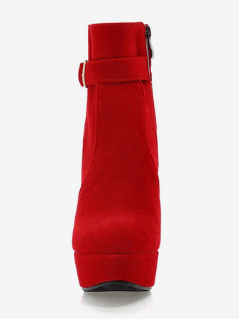 チャンキー ヒール ブーツ ラウンドトゥ プラットフォーム アンクルブーツ スエード レッド
