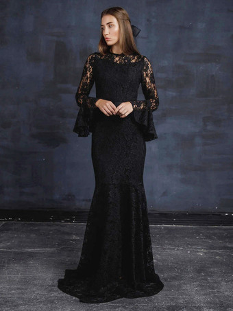 黒ゴシックウェディングドレスマーメイド長袖サッシュレーストレインブライダルガウン無料カスタマイズ