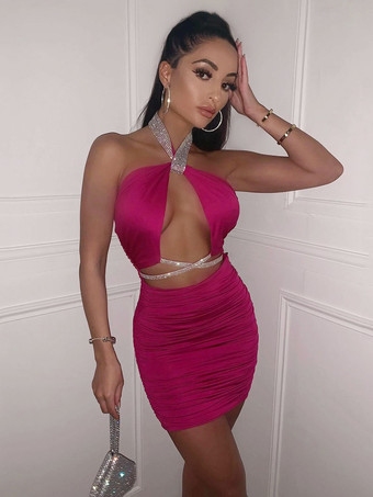 Club Dress For Women Halter Sexy Sleeveless Two-Tone Backless Rose Sexy Dress