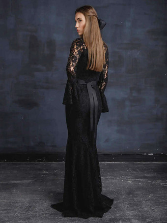 黒ゴシックウェディングドレスマーメイド長袖サッシュレーストレインブライダルガウン無料カスタマイズ