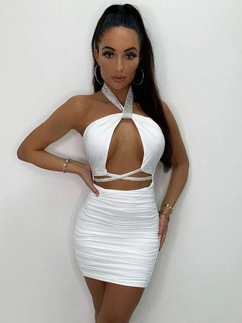 ホワイト 女性のためのクラブ ドレス ホルター セクシーなノースリーブ ポリエステル ツートン バックレス ローズ セクシーなドレス