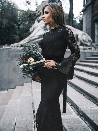 ブラック黒ゴシックウェディングドレスマーメイド長袖サッシュレーストレインブライダルガウン無料カスタマイズ