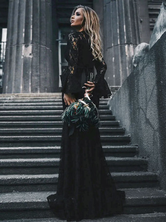 黒ゴシックウェディングドレスマーメイド長袖サッシュレーストレインブライダルガウン無料カスタマイズ