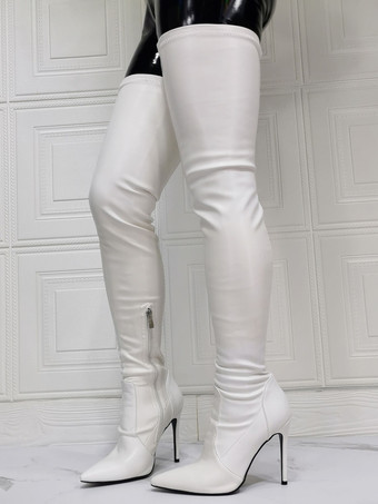 ホワイトセクシーなオーバーザニーブーツポインテッドトゥスティレットサイハイブーツUSサイズ5.5-12.5