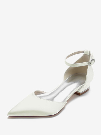 アイボリー 結婚式の靴サテンシャンパン先のとがったつま先ラインストーンブライダルシューズ