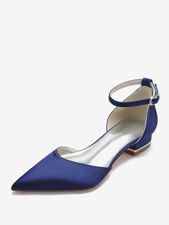 ディープブルー結婚式の靴サテンシャンパン先のとがったつま先ラインストーンブライダルシューズ