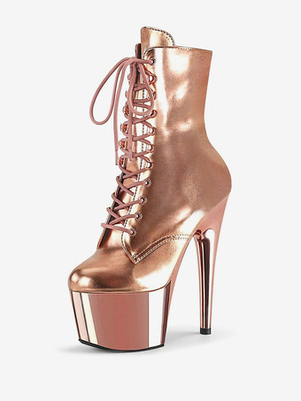 dorado Botas de tacón alto sexy Punta redonda con cordones Cremallera Tacón de aguja Rave Club Botines negros Botas sexy Zapatos de baile de barra