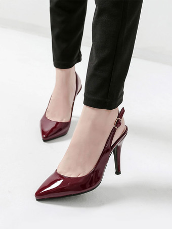 ハイヒール ポインテッドトゥ パンプス バーガンディー ピンヒール PU 9.5cm 無地 シューズ ハイヒールシューズ 調整可能なストラップ 結婚式 二次会 通勤用 仕事 キャバ 卒園式 卒園式 レディース靴