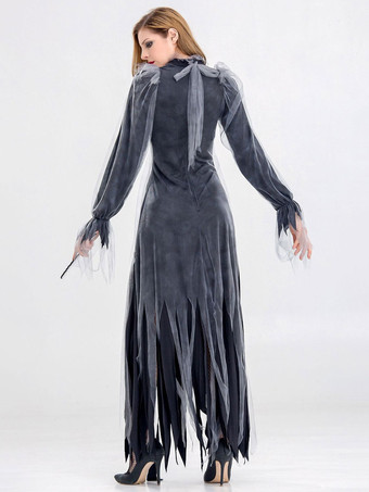 ハロウィン 女性のためのハロウィンゴースト花嫁コスチュームブラックレースロングドレスポリエステルホリデーデスコスチューム