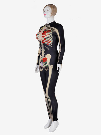 Monster-Strumpfanzug Halloween Faschingskostüm Karneval Kostüm Skelett Knochen Blumen Schwarz Frauen Langarm Skinny Overall Karneval Kostüm